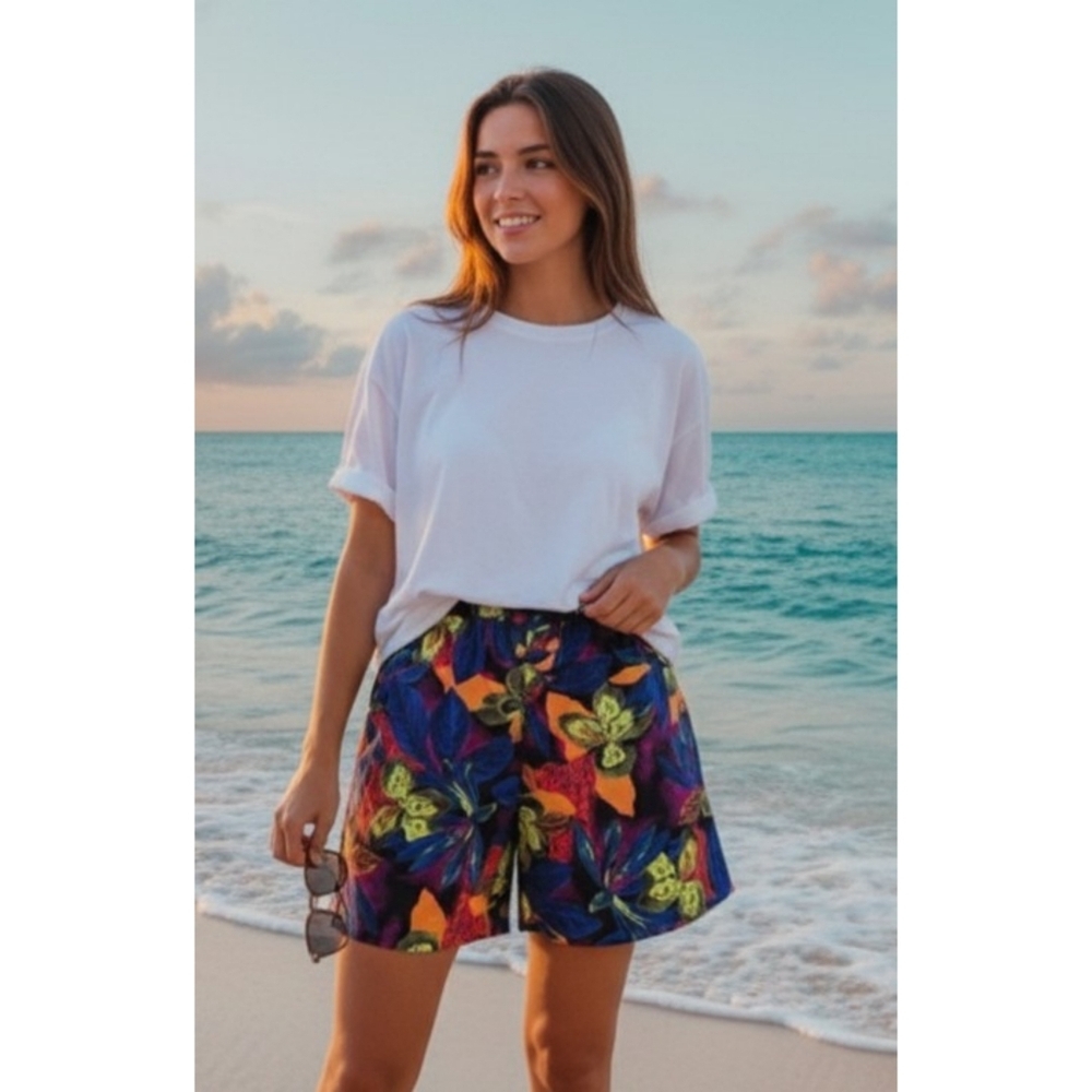 Vintage Cristin Stevens High Waisted Neon Hawaiian Shorts Multicolor Size S